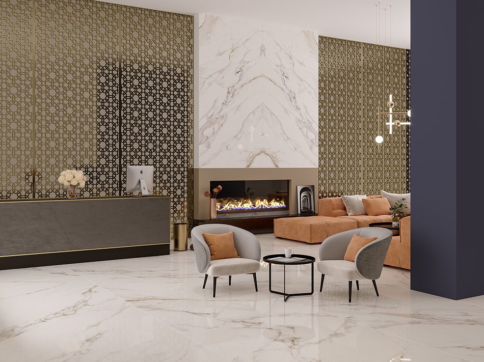 Aximer Ceramic Porcelain Stoneware Slab | Calacatta Gold Marble Book Match | Dubai, UAE