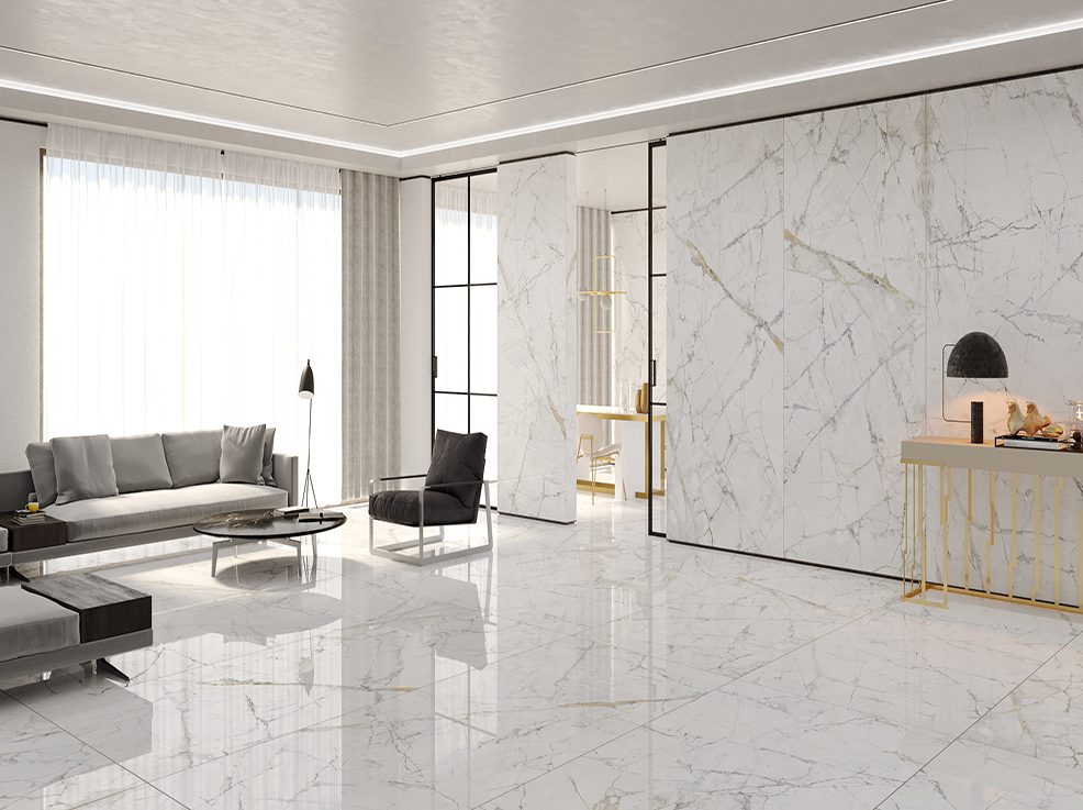 Porcelain Tile | Marble-Look | Wall & Floor | Living Room | Invinsible Gold | Aximer Stoneware | Dubai UAE