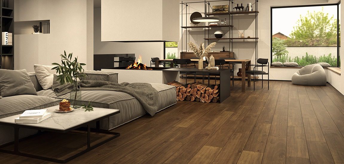 Aximer Porcelain Stoneware | Wood-Look Porcelain Slab | Maxiwood Chocolate | Living Room Floor | UAE